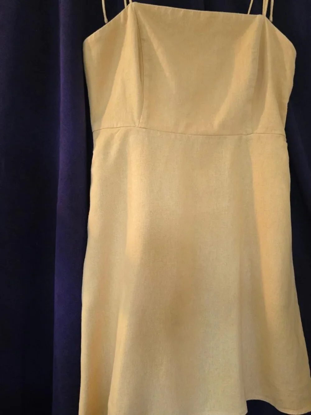 L Navy Mustard Yellow Linen Mini Dress Square Neckline, Thin straps, Fit & Flare